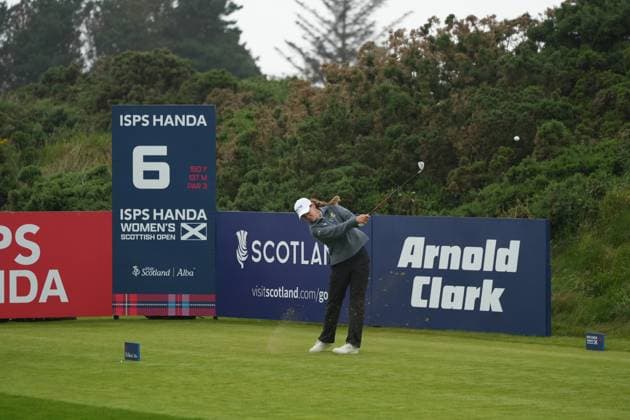 25th July 2025; Dundonald Links, Irvine, Scotland ISPS HANDA Womens Scottish Open Golf Round 2; Sarah Schmelzel plays her tee shot on the 6th hole at Dundonald Links  AlecxBrown