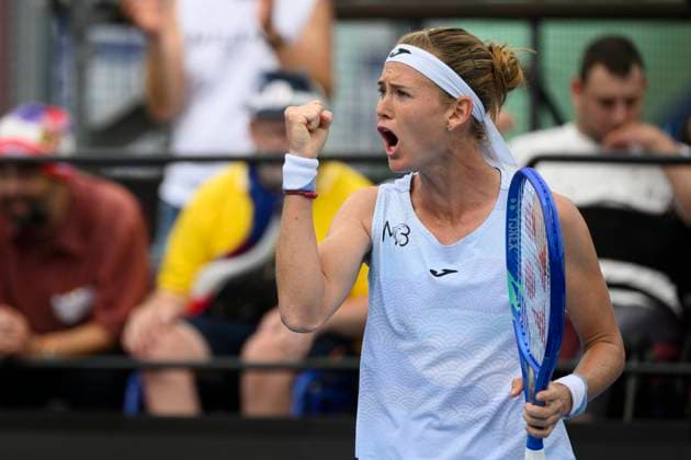 Czech tennis player Marie Bouzkova reacts, as she won women s singles semifinals against Czech Tereza Valentova at the WTA, Tennis Damen Livesport Prague Open 2025 on the courts of TK Sparta Prague, in Prague, Czech Republic, on July 25, 2025. (CTKxPhoto MichalxKamaryt) CTKPhotoP2025072505584  CTKPhotoP2025072505584