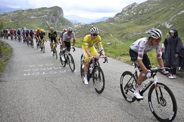 Slovenian Tadej Pogacar of UAE Team Emirates pictured in action during stage 19 of the 2025 Tour de France cycling race, from Albertville to La Plagne (130km), on Friday 25 July 2025 in France. The 112th edition of the Tour de France starts on Saturday 5 July in Lille, France, and will finish in Paris, France on the 27th of July. JASPERxJACOBS  x129996435x