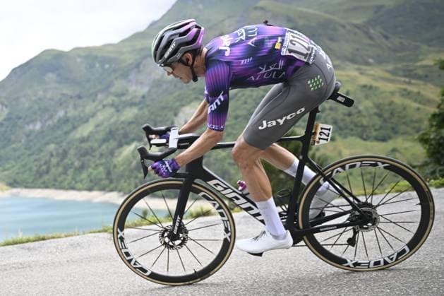 Australian Ben O Connor of Team Jayco AlUla pictured in action during stage 19 of the 2025 Tour de France cycling race, from Albertville to La Plagne (130km), on Friday 25 July 2025 in France. The 112th edition of the Tour de France starts on Saturday 5 July in Lille, France, and will finish in Paris, France on the 27th of July. JASPERxJACOBS  x129997784x