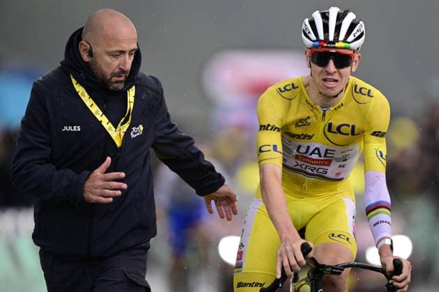 Slovenian Tadej Pogacar of UAE Team Emirates and pictured crossing the finish line of pictured at the start of stage 19 of the 2025 Tour de France cycling race, from Albertville to La Plagne (130km), on Friday 25 July 2025 in France. The 112th edition of the Tour de France starts on Saturday 5 July in Lille, France, and will finish in Paris, France on the 27th of July. DIRKxWAEM  x129999403x