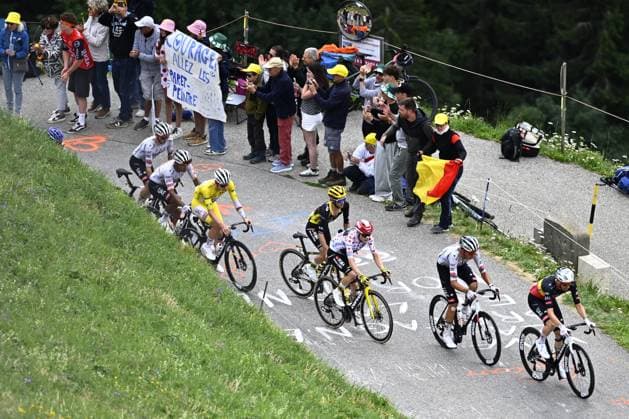 Slovenian Tadej Pogacar of UAE Team Emirates, British Simon Philip Yates of Team Visma-Lease a Bike, Danish Jonas Vingegaard Hansen of Team Visma-Lease a Bike and Belgian Tim Wellens of UAE Team Emirates pictured in action during stage 19 of the 2025 Tour de France cycling race, from Albertville to La Plagne (130km), on Friday 25 July 2025 in France. The 112th edition of the Tour de France starts on Saturday 5 July in Lille, France, and will finish in Paris, France on the 27th of July. JASPERxJACOBS  x130003802x