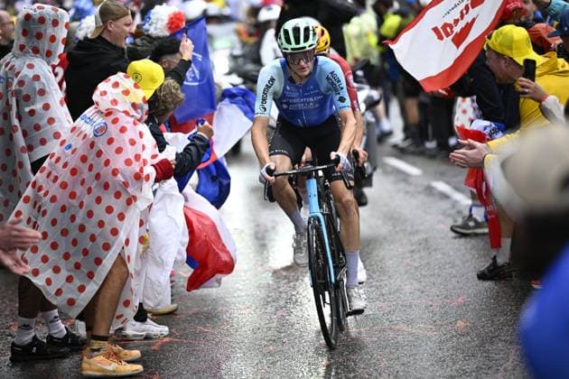Austrian Felix Gall of Decathlon AG2R La Mondiale Team pictured in action during stage 19 of the 2025 Tour de France cycling race, from Albertville to La Plagne (130km), on Friday 25 July 2025 in France. The 112th edition of the Tour de France starts on Saturday 5 July in Lille, France, and will finish in Paris, France on the 27th of July. JASPERxJACOBS  x130005290x