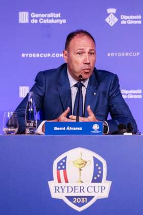 July 25, 2025, Caldes De Malavella, Girona, SPAIN: Berni Alvarez, Minister Sports of Catalonia attends his press conference, PK, Pressekonferenz during the presentation Ryder Cup 2031 at Camiral Golf & Wellness on July 25, 2025 in Caldes de Malavella, Girona, Spain. Caldes De Malavella SPAIN - ZUMAa181 20250725_zaa_a181_019 Copyright: xJavierxBorregox