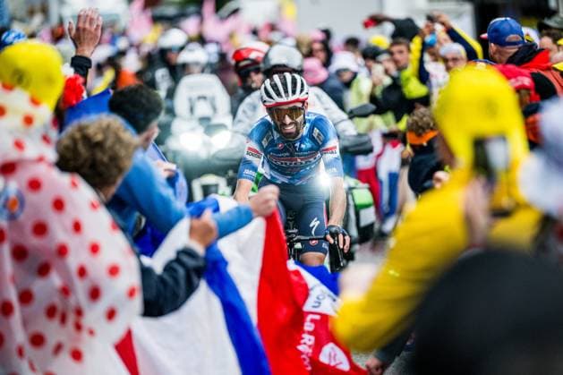 French Valentin Paret-Peintre of Soudal Quick-Step pictured in action during stage 19 of the 2025 Tour de France cycling race, from Albertville to La Plagne (130km), on Friday 25 July 2025 in France. The 112th edition of the Tour de France starts on Saturday 5 July in Lille, France, and will finish in Paris, France on the 27th of July. JASPERxJACOBS  x130014216x