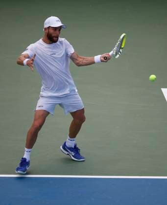 July 25, 2025: Corentin Moutet hits a shot during his match against Daniil Medvedev during the 2025 Mubadala Citi DC Open tennis tournament being played at Rock Creek Park Tennis Center in Washington, D.C. CSM District Of Columbia United States of America - ZUMAc04_ 20250725_zma_c04_133 Copyright: xJustinxCooperx