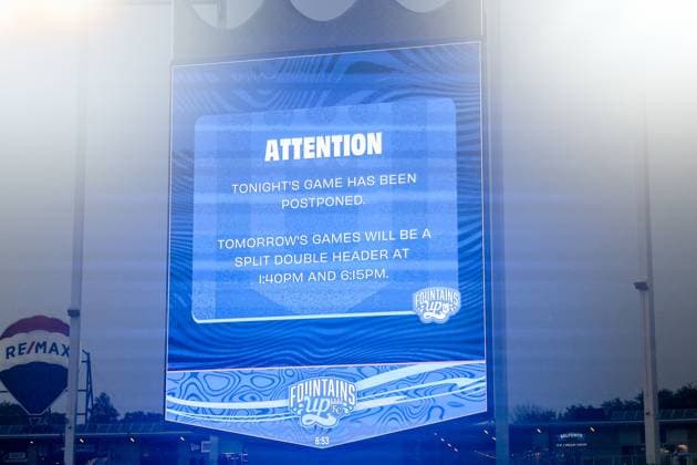 July 25, 2025: A view of the scoreboard showing the Kansas City Royals vs Cleveland Guardians game scheduled for today has been postponed until July 26, 2025, and will be played as part of a split double header at Kauffman Stadium in Kansas City, MO. CSM Kansas City United States of America - ZUMAc04_ 20250725_zma_c04_231 Copyright: xDavidxSmithx