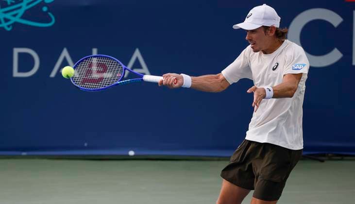 July 25, 2025: Alex De Minaur hits a shot in his match against Brandon Nakashima during the 2025 Mubadala Citi DC Open tennis tournament being played at Rock Creek Park Tennis Center in Washington, D.C. CSM District Of Columbia United States of America - ZUMAc04_ 20250725_zma_c04_269 Copyright: xJustinxCooperx