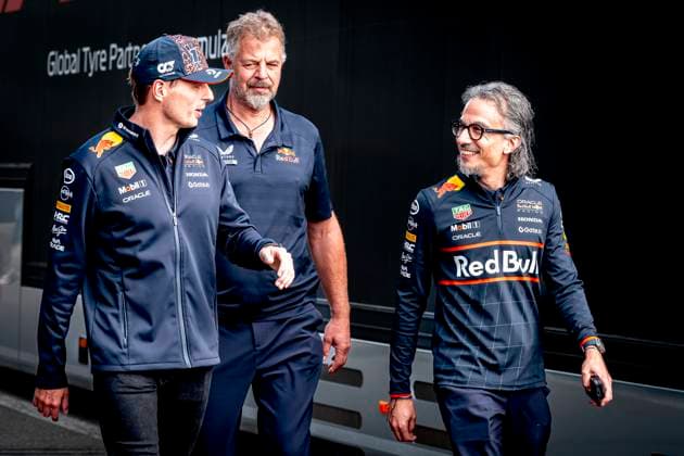 Formule 1 driver MAX Verstappen of Red Bull Racing and Laurent Mekies teamboss of Red Bull Racing during the sprintrace and qualification Grand Prix Formula 1 Spa Francorchamps 2025 at the Circuit Spa Francorchamps for the Formula 1 MoÃ«t & Chandon Belgium Grand Prix 2025 season 2025-2026 in SPA, Belgium on 26 july 2025, (photo by Marcel van Dorst EYE4images DeFodi Images)