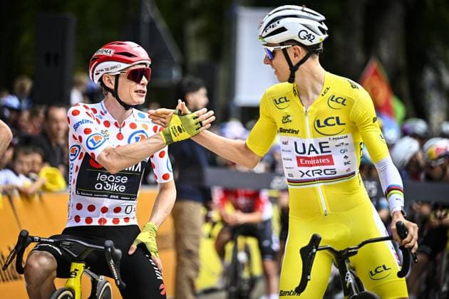 Danish Jonas Vingegaard Hansen of Team Visma-Lease a Bike and Slovenian Tadej Pogacar of UAE Team Emirates pictured ahead of the stage 20 of the 2025 Tour de France cycling race, from Nantua to Montpellier (185km), on Saturday 26 July 2025 in France. The 112th edition of the Tour de France starts on Saturday 5 July in Lille, France, and will finish in Paris, France on the 27th of July. JASPERxJACOBS  x130042253x