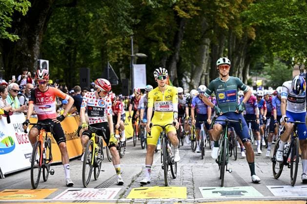 Dutch Thymen Arensman of Ineos Grenadiers, Danish Jonas Vingegaard Hansen of Team Visma-Lease a Bike, Slovenian Tadej Pogacar of UAE Team Emirates and Italian Jonathan Milan of Lidl-Trek pictured ahead of the stage 20 of the 2025 Tour de France cycling race, from Nantua to Montpellier (185km), on Saturday 26 July 2025 in France. The 112th edition of the Tour de France starts on Saturday 5 July in Lille, France, and will finish in Paris, France on the 27th of July. JASPERxJACOBS  x130042904x