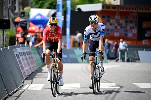 Tour de Wallonie 2025 Stage 1 NASSOGNE, BELGIUM - JULY 26 : Wallin Rasmus Bogh of Uno-X Mobility and Norsgaard Mathias of Movistar Team before the start of the race during stage 1 of the 30th edition of Tour de Wallonie an UCI ProSeries 2.Pro cycling road race stage for Men Elite of 182 km with start in Nassogne and finish in Nassogne on July 26, 2025 in Nassogne, Belgium, 26 07 2025 ( Motordriver Pieter Van Herzele - Nassogne Belgium  Copyright: xTomasxSiskx