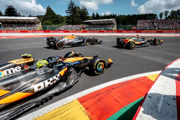 Formule 1 driver Oscar Piastri of McLaren, Formule 1 driver MAX Verstappen of Red Bull Racing during the sprintrace and qualification Grand Prix Formula 1 Spa Francorchamps 2025 at the Circuit Spa Francorchamps for the Formula 1 MoÃ«t & Chandon Belgium Grand Prix 2025 season 2025-2026 in SPA, Belgium on 26 july 2025, (photo by Marcel van Dorst EYE4images DeFodi Images)