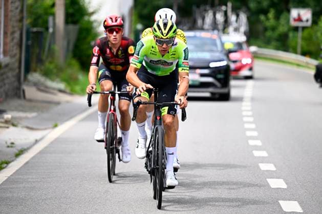 Tour de Wallonie 2025 Stage 1 NASSOGNE, BELGIUM - JULY 26 : Van Rooy Kenneth of Wagner Bazin WB leading the escape pack during stage 1 of the 30th edition of Tour de Wallonie an UCI ProSeries 2.Pro cycling road race stage for Men Elite of 182 km with start in Nassogne and finish in Nassogne on July 26, 2025 in Nassogne, Belgium, 26 07 2025 ( Motordriver Pieter Van Herzele - Nassogne Belgium  Copyright: xTomasxSiskx