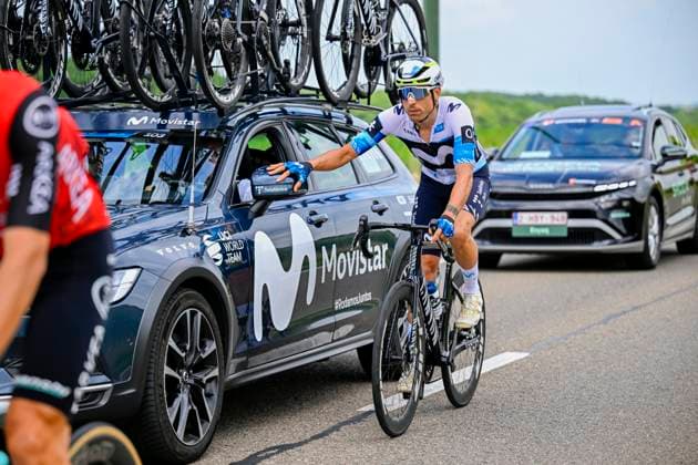 Tour de Wallonie 2025 Stage 1 NASSOGNE, BELGIUM - JULY 26 : Rider of Movistar Team in action during stage 1 of the 30th edition of Tour de Wallonie an UCI ProSeries 2.Pro cycling road race stage for Men Elite of 182 km with start in Nassogne and finish in Nassogne on July 26, 2025 in Nassogne, Belgium, 26 07 2025 ( Motordriver Pieter Van Herzele - Nassogne Belgium  Copyright: xTomasxSiskx