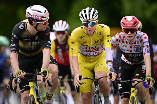 Belgian Yves Lampaert of Soudal Quick-Step, Slovenian Tadej Pogacar of UAE Team Emirates and Danish Jonas Vingegaard Hansen of Team Visma-Lease a Bike cross the finish line of stage 20 of the 2025 Tour de France cycling race, from Nantua to Montpellier (185km), on Saturday 26 July 2025 in France. The 112th edition of the Tour de France starts on Saturday 5 July in Lille, France, and will finish in Paris, France on the 27th of July. DIRKxWAEM  x130056771x