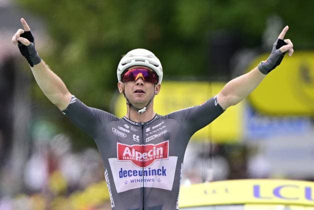 Australian Kaden Groves of Alpecin-Deceuninck celebrates after winning stage 20 of the 2025 Tour de France cycling race, from Nantua to Montpellier (185km), on Saturday 26 July 2025 in France. The 112th edition of the Tour de France starts on Saturday 5 July in Lille, France, and will finish in Paris, France on the 27th of July. DIRKxWAEM  x130056809x