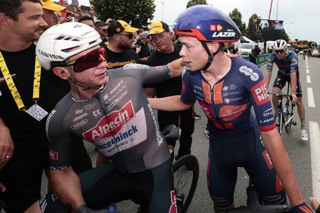 Australian Kaden Groves of Alpecin-Deceuninck celebrates after winning stage 20 of the 2025 Tour de France cycling race, from Nantua to Montpellier (185km), on Saturday 26 July 2025 in France. The 112th edition of the Tour de France starts on Saturday 5 July in Lille, France, and will finish in Paris, France on the 27th of July. POOLxLUCAxBETTINI  x130057347x