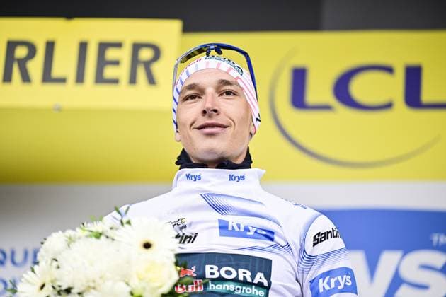 German Florian Lipowitz of RedBull-BORA-hansgrohe celebrates on the podium in the white jersey for best young rider after stage 20 of the 2025 Tour de France cycling race, from Nantua to Montpellier (185km), on Saturday 26 July 2025 in France. The 112th edition of the Tour de France starts on Saturday 5 July in Lille, France, and will finish in Paris, France on the 27th of July. DIRKxWAEM  x130057397x