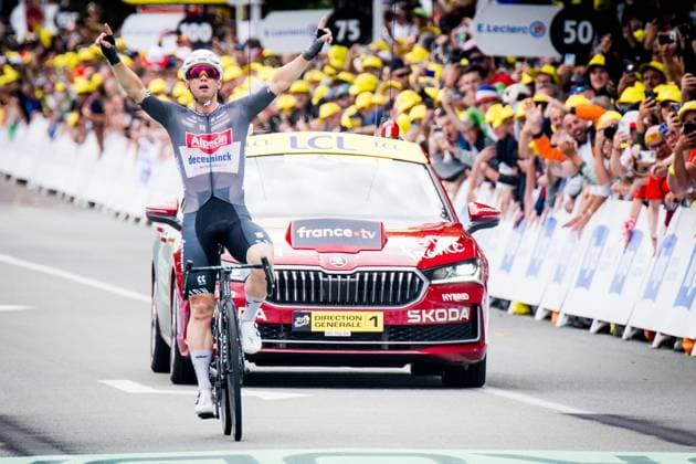 Australian Kaden Groves of Alpecin-Deceuninck crosses the finish line to win stage 20 of the 2025 Tour de France cycling race, from Nantua to Montpellier (185km), on Saturday 26 July 2025 in France. The 112th edition of the Tour de France starts on Saturday 5 July in Lille, France, and will finish in Paris, France on the 27th of July. JASPERxJACOBS  x130061886x