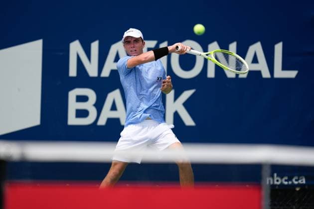 July 26, 2025, Toronto, Ontario, Canada: Dalibor Svrcina of Czechia plays a forehand against Yosuke Watanuki of Japan during the Men s Singles first round match on day 1 of the ATP, Tennis Herren Masters 1000 National Bank Open at Sobeys Stadium. on July 26, 2025 in Toronto, Canada. Toronto Canada - ZUMAe321 20250726_zsa_e321_088 Copyright: xLeonardoxRamirezx