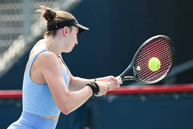 MONTREAL, QC - JULY 26: Dasha Plekhanova (CAN) returns the ball during a qualifying round match at WTA, Tennis Damen National Bank Open on July 26, 2025 at IGA Stadium in Montreal, QC (Photo by David Kirouac Icon Sportswire) TENNIS: JUL 26 National Bank Open EDITORIAL USE ONLY Icon250726077