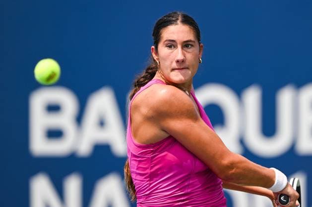 MONTREAL, QC - JULY 26: Cadence Brace (CAN) tracks the ball during a qualifying round match at WTA, Tennis Damen National Bank Open on July 26, 2025 at IGA Stadium in Montreal, QC (Photo by David Kirouac Icon Sportswire) TENNIS: JUL 26 National Bank Open EDITORIAL USE ONLY Icon250726047