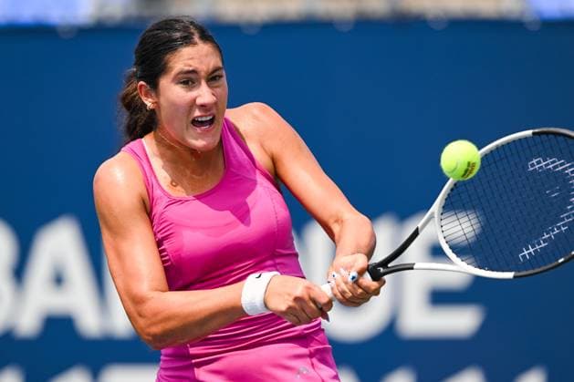 MONTREAL, QC - JULY 26: Cadence Brace (CAN) retruns the ball during a qualifying round match at WTA, Tennis Damen National Bank Open on July 26, 2025 at IGA Stadium in Montreal, QC (Photo by David Kirouac Icon Sportswire) TENNIS: JUL 26 National Bank Open EDITORIAL USE ONLY Icon250726049