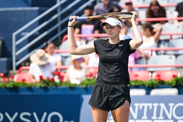 MONTREAL, QC - JULY 26: Katherine Sebov (CAN) reacts after a bad play during a qualifying round match at WTA, Tennis Damen National Bank Open on July 26, 2025 at IGA Stadium in Montreal, QC (Photo by David Kirouac Icon Sportswire) TENNIS: JUL 26 National Bank Open EDITORIAL USE ONLY Icon250726022
