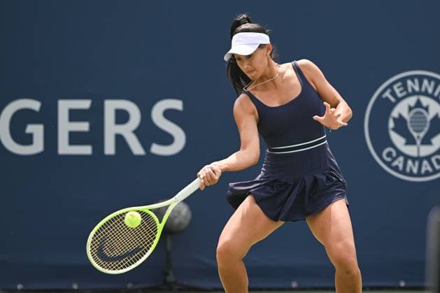 MONTREAL, QC - JULY 26: Priscilla Hon (AUS) retruns the ball during a qualifying round match at WTA, Tennis Damen National Bank Open on July 26, 2025 at IGA Stadium in Montreal, QC (Photo by David Kirouac Icon Sportswire) TENNIS: JUL 26 National Bank Open EDITORIAL USE ONLY Icon250726026