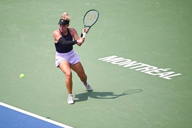MONTREAL, QC - JULY 26: Leolia Jeanjean (FRA) returns the ball during a qualifying round match at WTA, Tennis Damen National Bank Open on July 26, 2025 at IGA Stadium in Montreal, QC (Photo by David Kirouac Icon Sportswire) TENNIS: JUL 26 National Bank Open EDITORIAL USE ONLY Icon250726040