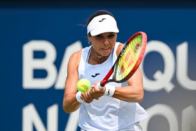 MONTREAL, QC - JULY 26: Viktoriya Tomova (BUL) returns the ball during a qualifying round match at WTA, Tennis Damen National Bank Open on July 26, 2025 at IGA Stadium in Montreal, QC (Photo by David Kirouac Icon Sportswire) TENNIS: JUL 26 National Bank Open EDITORIAL USE ONLY Icon250726011