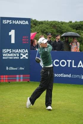 27th July 2025; Dundonald Links, Irvine, Scotland ISPS HANDA Womens Scottish Open Golf Final Round; Charley Hull plays her tee shot on the 1st hole at Dundonald Links  AlecxBrown