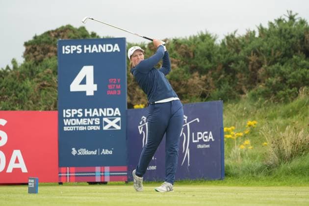 27th July 2025; Dundonald Links, Irvine, Scotland ISPS HANDA Womens Scottish Open Golf Final Round; Lottie Woad plays her tee shot on the 3rd hole at Dundonald Links  AlecxBrown
