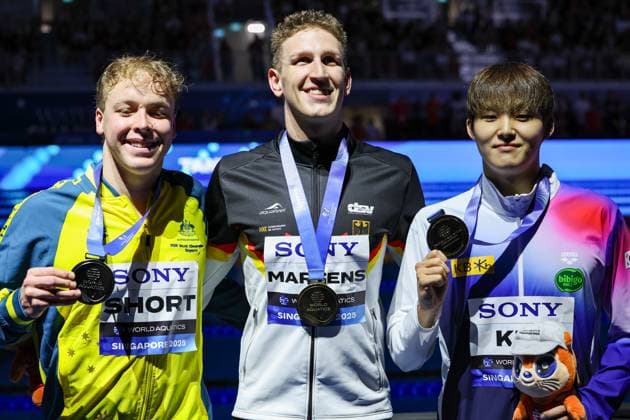Sport Bilder des Tages Gold for Luka Maertens of Germany, Silver for Samuel Short of Australia and Bronze for Woomin Kim from South Korea Men s 400m Freestyle, Swimming, Singapore 2025 World Aquatics Championships, WCH Arena, July 27, 2025, Singapore, Singapore.