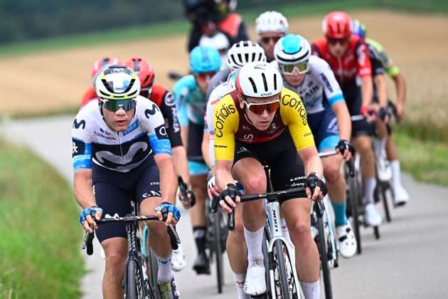 Tour de Wallonie 2025 Stage 2 SAMBREVILLE, BELGIUM - JULY 27 : Milesi Lorenzo of Movistar Team, Knight Oliver of Cofidis during stage 2 of the 30th edition of Tour de Wallonie an UCI ProSeries 2.Pro cycling road race stage for Men Elite of 153.7 km with start in Huy and finish in Sambreville on July 27, 2025 in Sambreville, Belgium, 27 07 2025 ( Motordriver Pieter Van Herzele - Sambreville Belgium  Copyright: xTomasxSiskx