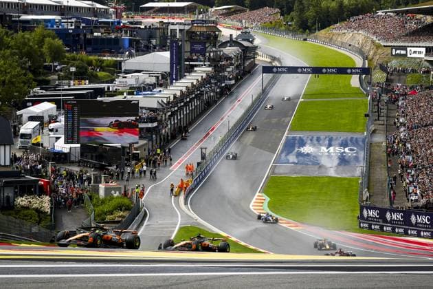 SPA - (l-r) Oscar Piastri (McLaren), Lando Norris (McLaren), Charles Leclerc (Ferrari) and Max Verstappen (Red Bull Racing) at the Spa-Francorchamps circuit during the Belgian Grand Prix. ANP SEM VAN DER WAL xVIxANPxSportx xxANPxIVx 532325471 originalFilename: 532325471.jpg