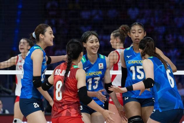 Poland - Japan 27.07.2025 Lodz, Poland, women s Volleyball Nations League 2025, final round finals , final game ( match ) Poland - Japan ; (siatkowka, Liga Narodow kobiet, final , runda finalowa Polska - Japonia ) image shows: from left: Yoshino Sato , Manami Kojima , Yukiko Wada , Airi Miyabe , Nanami Seki photo Katarzyna Plewczynska Fotostyk Copyright: xKatarzynaxPlewczynskax 20250727FCTKP173