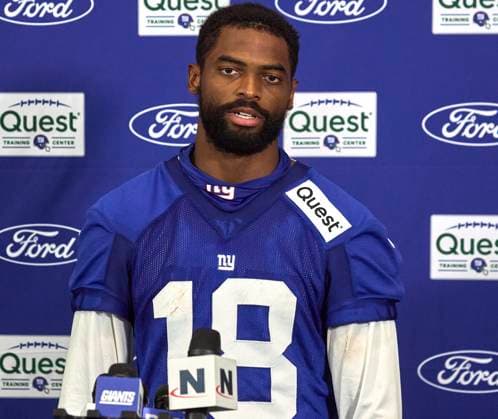 New York Giants wide receiver Darius Slayton (18) talks with media during training camp at the Quest Diagnostics Training Center in East Rutherford, New Jersey. CSM East Rutherford United States - ZUMAc04_ 20250724_zma_c04_362 Copyright: xDuncanxWilliamsx