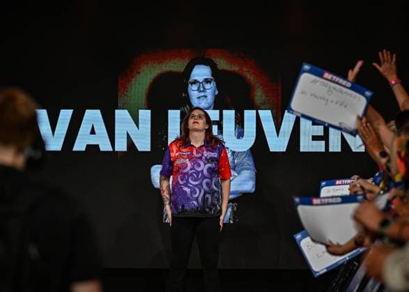 27th July 2025; Winter Gardens, Blackpool, England; 2025 Betfred Womens World Matchplay Darts; Noa-Lynn van Leuven is introduced to the fans before her quarter final match against Lorraine Winstanley  GodfreyxPitt Content restricted for UK based newspaper