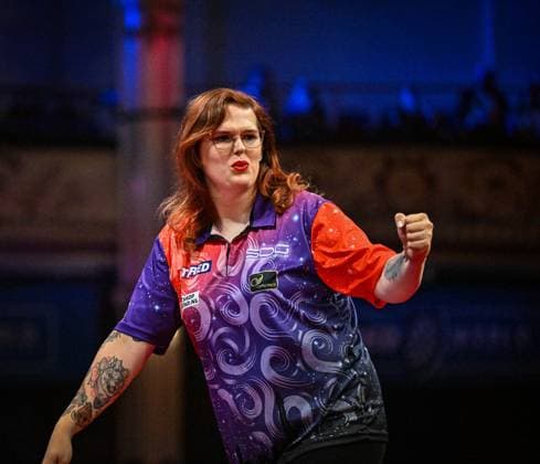 27th July 2025; Winter Gardens, Blackpool, England; 2025 Betfred Womens World Matchplay Darts; Noa-Lynn van Leuven celebrates winning a leg in her quarter final match against Lorraine Winstanley  GodfreyxPitt Content restricted for UK based newspaper