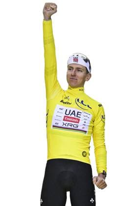 Slovenian Tadej Pogacar of UAE Team Emirates celebrates on the podium in the yellow jersey of leader in the overall ranking after stage 21 of the 2025 Tour de France cycling race, from Mantes-la-Ville to Paris (120km), on Sunday 27 July 2025 in France. The 112th edition of the Tour de France starts on Saturday 5 July in Lille, France, and will finish in Paris, France on the 27th of July. DIRKxWAEM  x130135119x