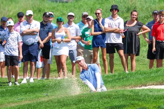 July 27th, 2025: Alex Smalley of the United States hits his shot from the bunker on the ninth hole during the final round of the 3M Open 2025 at TPC Twin Cities on July 27th, 2025 in Blaine, Minnesota. -CSM Blaine USA - ZUMAc04_ 20250727_zma_c04_081 Copyright: xStevenxGarciax