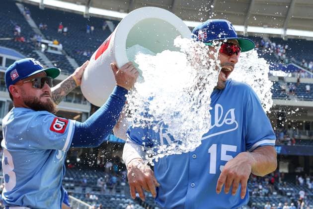 July 27, 2025: Kansas City Royals right fielder Randal Grichuk (15) is doused by outfielder Kyle Isbel (28) and shortstop Bobby Witt Jr. (7) after their win over the Cleveland Guardians at Kauffman Stadium in Kansas City, MO. CSM Kansas City United States of America - ZUMAc04_ 20250727_zma_c04_177 Copyright: xDavidxSmithx