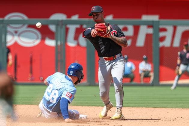 July 27, 2025: Cleveland Guardians second baseman Brayan Rocchio (4) throws to first to complete the double play on Kansas City Royals outfielder Kyle Isbel (28) and second baseman Jonathan India (6) during the seventh inning at Kauffman Stadium in Kansas City, MO. CSM Kansas City United States of America - ZUMAc04_ 20250727_zma_c04_182 Copyright: xDavidxSmithx