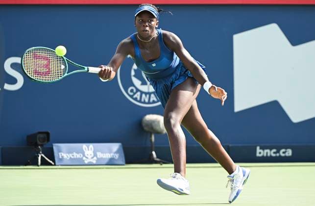 July 27, 2025, Montreal, Pq, Canada: p>Victoria Mboko, of Canada, plays a shot to Kimberly Birrell, of Australia, during their first round match at the National Bank Open tennis tournament in Montreal, Sunday, July 27, 2025. Victoria Mboko, Kimberly Birrell, - ZUMAc35_ 20250727_zaf_c35_029 Copyright: xGrahamxHughesx