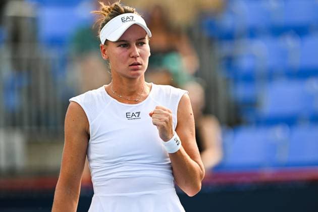 MONTREAL, QC - JULY 27: Veronika Kudermetova reacts after scoring a point during a first round match at WTA, Tennis Damen National Bank Open on July 27, 2025 at IGA Stadium in Montreal, QC (Photo by David Kirouac Icon Sportswire) TENNIS: JUL 27 National Bank Open EDITORIAL USE ONLY Icon250727063