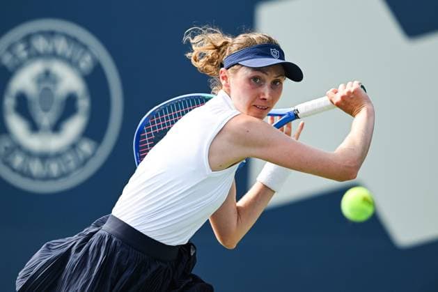 MONTREAL, QC - JULY 27: Cristina Bucsa (ESP) returns the ball during a first round match at WTA, Tennis Damen National Bank Open on July 27, 2025 at IGA Stadium in Montreal, QC (Photo by David Kirouac Icon Sportswire) TENNIS: JUL 27 National Bank Open EDITORIAL USE ONLY Icon250727067