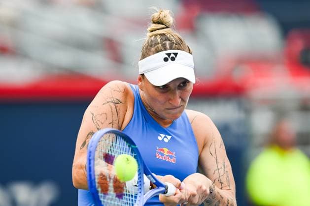 MONTREAL, QC - JULY 27: Marketa Vondrousova (CZE) serves the ball during a first round match at WTA, Tennis Damen National Bank Open on July 27, 2025 at IGA Stadium in Montreal, QC (Photo by David Kirouac Icon Sportswire) TENNIS: JUL 27 National Bank Open EDITORIAL USE ONLY Icon250727022