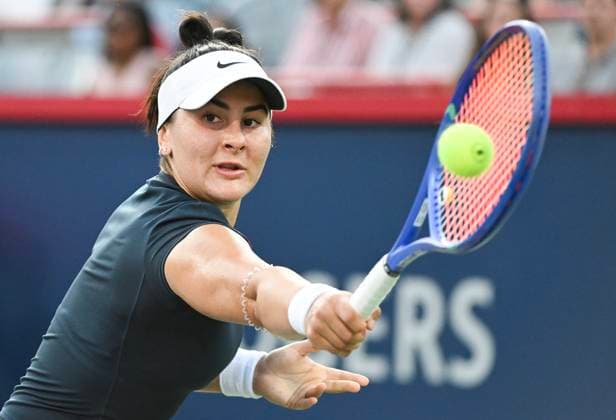 July 27, 2025, Montreal, Pq, Canada: Bianca Andreescu, of Canada, plays a shot to Barbora Krejcikova, of the Czech Republic, during their first round match at the National Bank Open tennis tournament in Montreal, Sunday, July 27, 2025. Barbora Krejcikova, Bianca Andreescu, - ZUMAc35_ 20250727_zaf_c35_034 Copyright: xGrahamxHughesx
